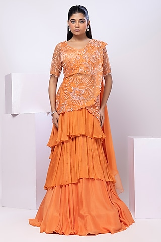 Crystal Orange Chinon Lehenga Set by Smriti by Anju Agarwal
