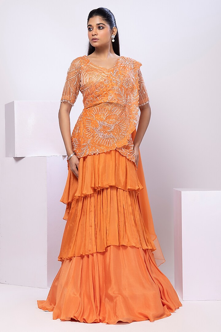 Crystal Orange Chinon Wedding Lehenga Set by Smriti by Anju Agarwal at Pernia's Pop Up Shop