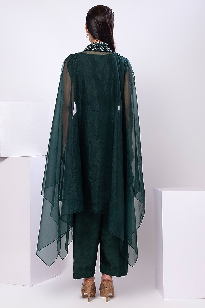 Dark Green Organza Cutdana Embellished Cape Set by Smriti by Anju Agarwal at Pernia's Pop Up Shop
