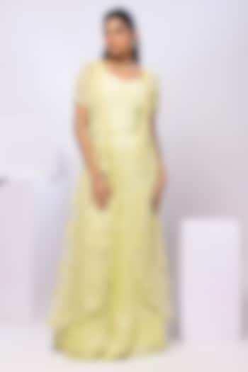Lime Yellow Organza Floral Embroidered Draped Skirt Set by Smriti by Anju Agarwal at Pernia's Pop Up Shop