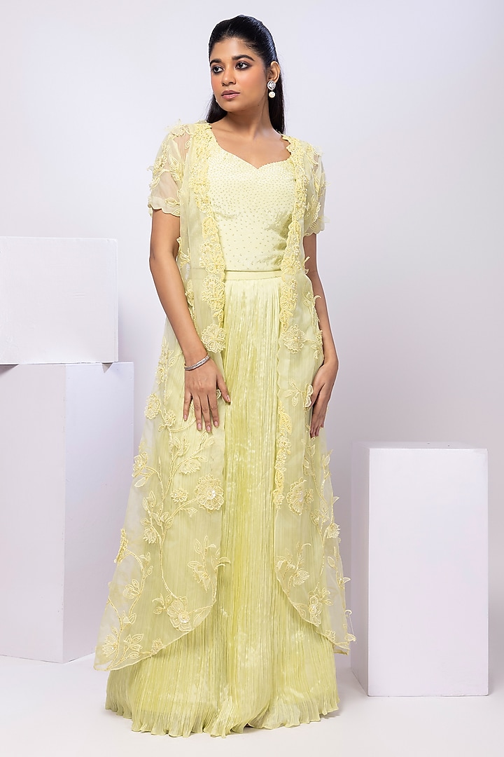 Lime Yellow Organza Floral Embroidered Draped Skirt Set by Smriti by Anju Agarwal at Pernia's Pop Up Shop