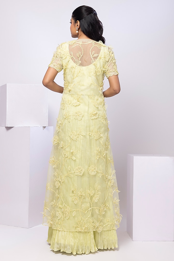 Lime Yellow Organza Floral Embroidered Draped Skirt Set by Smriti by Anju Agarwal at Pernia's Pop Up Shop