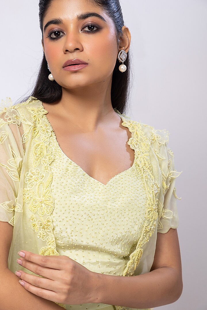 Lime Yellow Organza Floral Embroidered Draped Skirt Set by Smriti by Anju Agarwal at Pernia's Pop Up Shop