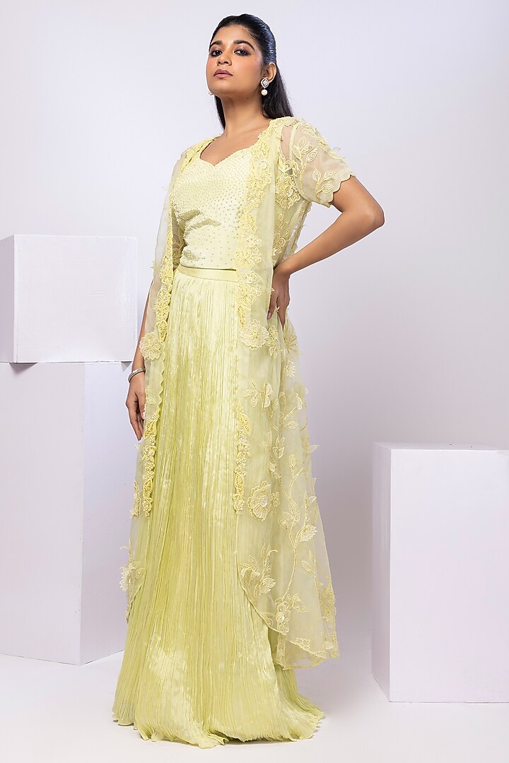 Lime Yellow Organza Floral Embroidered Draped Skirt Set by Smriti by Anju Agarwal at Pernia's Pop Up Shop