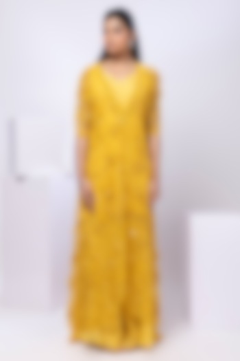 Yellow Organza Floral Embroidered Draped Skirt Set by Smriti by Anju Agarwal at Pernia's Pop Up Shop