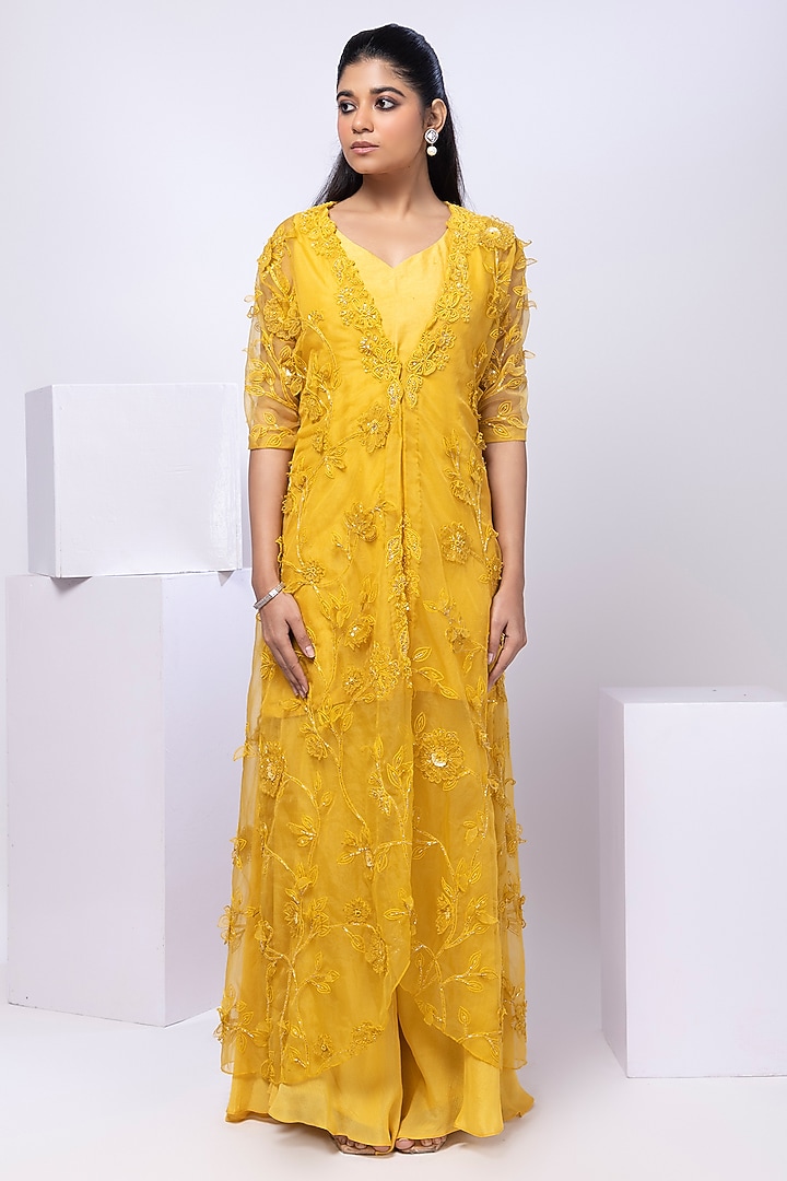 Yellow Organza Floral Embroidered Draped Skirt Set by Smriti by Anju Agarwal at Pernia's Pop Up Shop