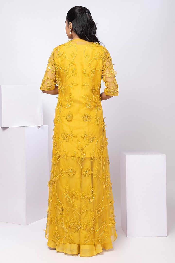 Yellow Organza Floral Embroidered Draped Skirt Set by Smriti by Anju Agarwal at Pernia's Pop Up Shop