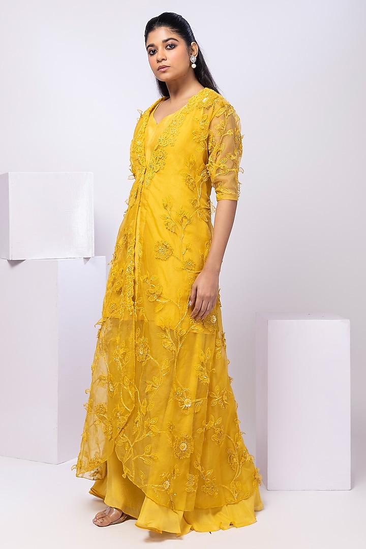 Yellow Organza Floral Embroidered Draped Skirt Set by Smriti by Anju Agarwal at Pernia's Pop Up Shop