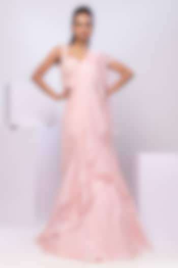 Baby Pink Chinon Ruffled Draped Wedding Saree Set by Smriti by Anju Agarwal at Pernia's Pop Up Shop