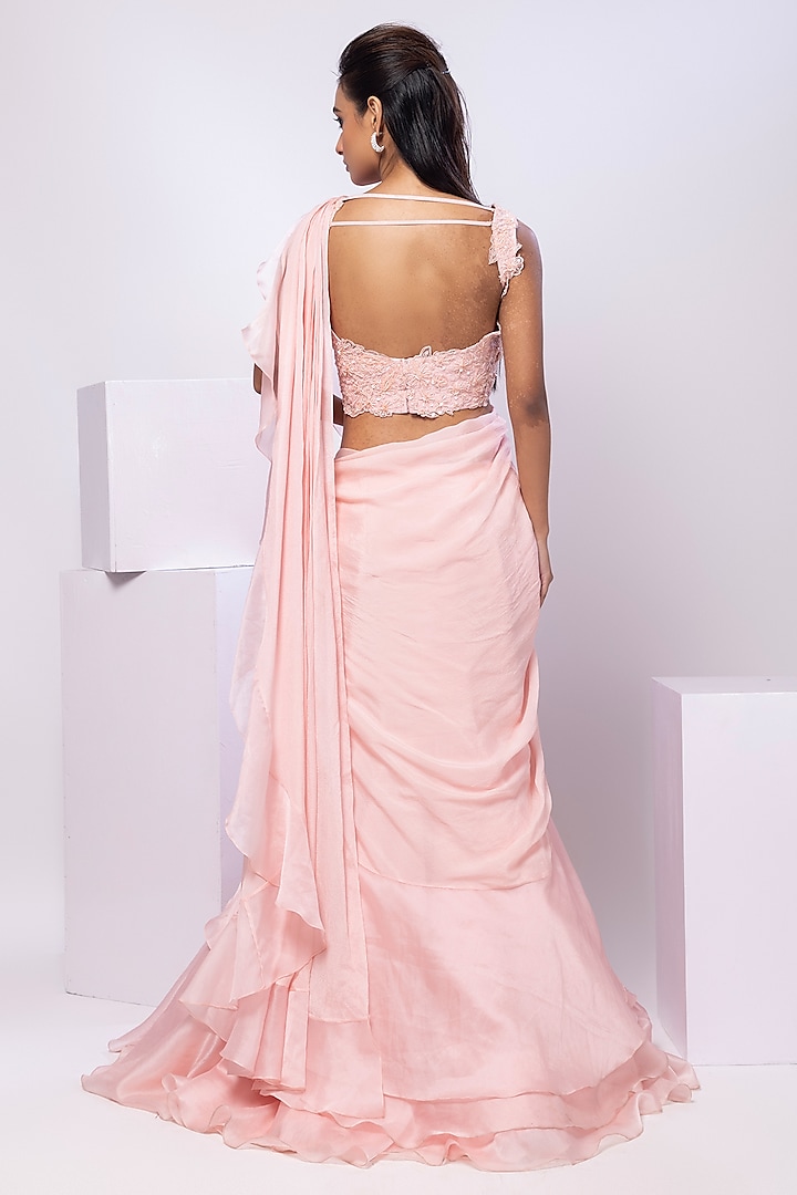 Baby Pink Chinon Ruffled Draped Wedding Saree Set by Smriti by Anju Agarwal at Pernia's Pop Up Shop