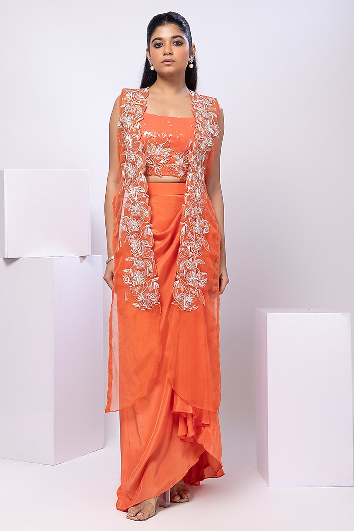 Orange Crepe Embroidered Skirt Set by Smriti by Anju Agarwal at Pernia's Pop Up Shop
