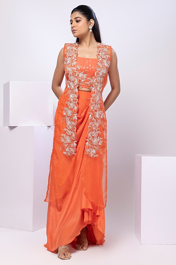 Orange Crepe Embroidered Skirt Set by Smriti by Anju Agarwal at Pernia's Pop Up Shop