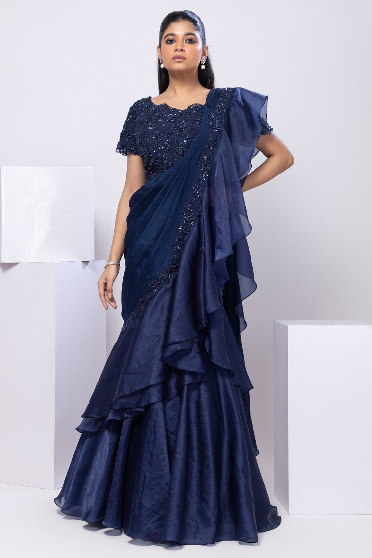 Navy Blue Chinon & Satin Organza Draped Ruffled Wedding Saree Set by Smriti by Anju Agarwal at Pernia's Pop Up Shop