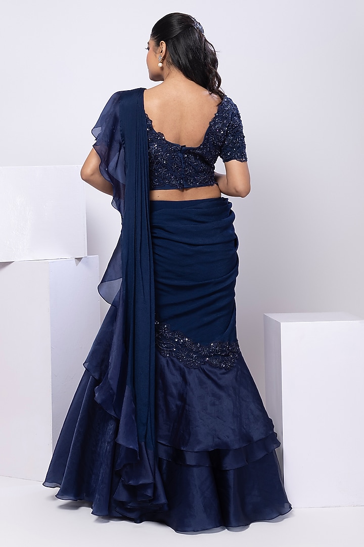Navy Blue Chinon & Satin Organza Draped Ruffled Wedding Saree Set by Smriti by Anju Agarwal at Pernia's Pop Up Shop