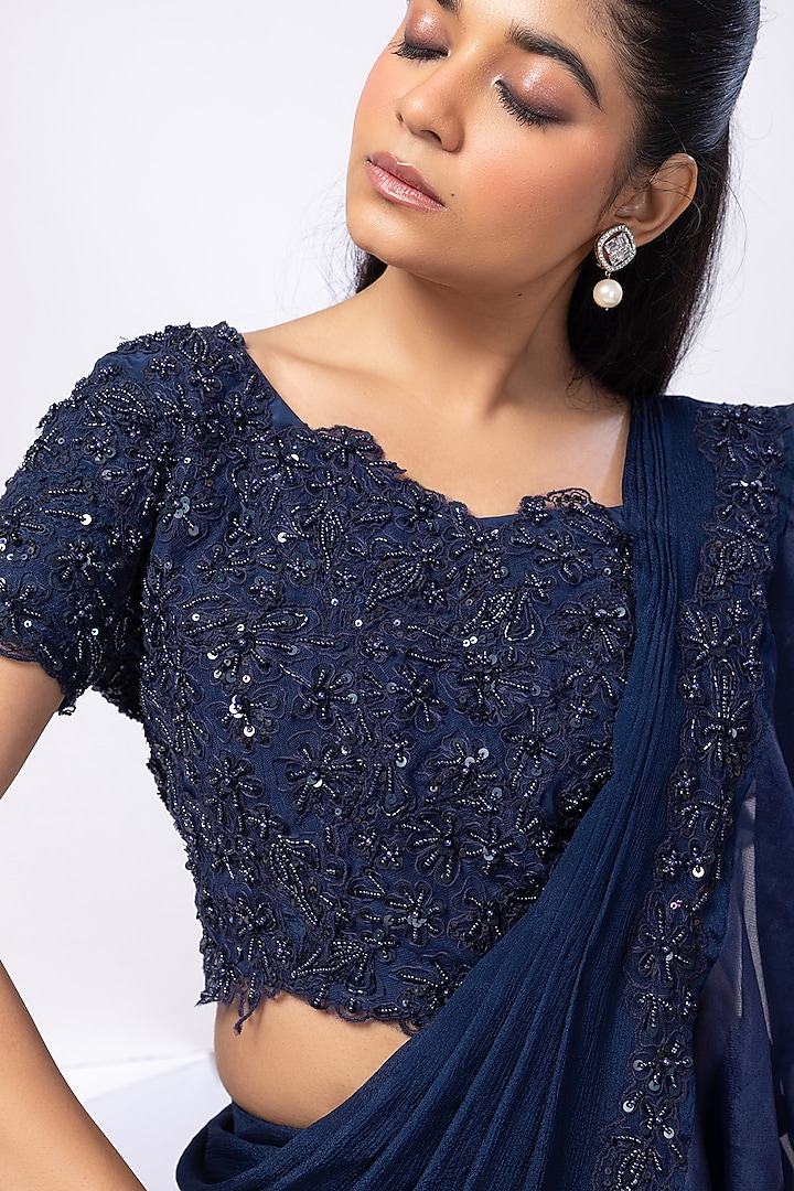 Navy Blue Chinon & Satin Organza Draped Ruffled Wedding Saree Set by Smriti by Anju Agarwal at Pernia's Pop Up Shop