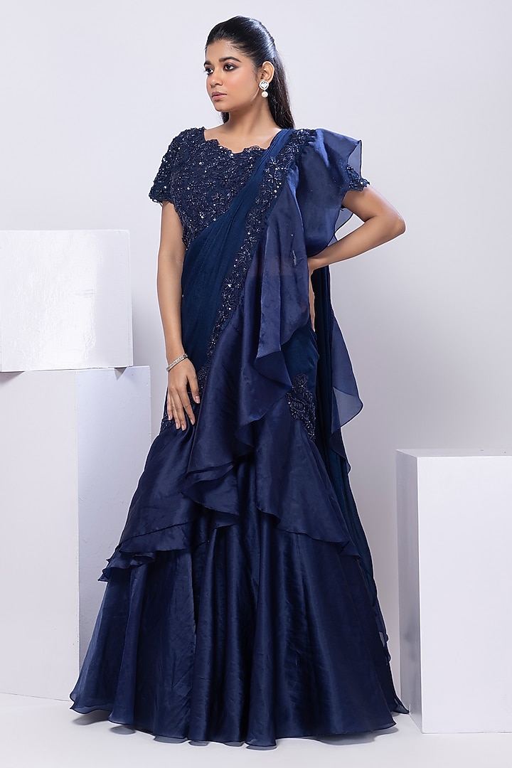 Navy Blue Chinon & Satin Organza Draped Ruffled Wedding Saree Set by Smriti by Anju Agarwal at Pernia's Pop Up Shop