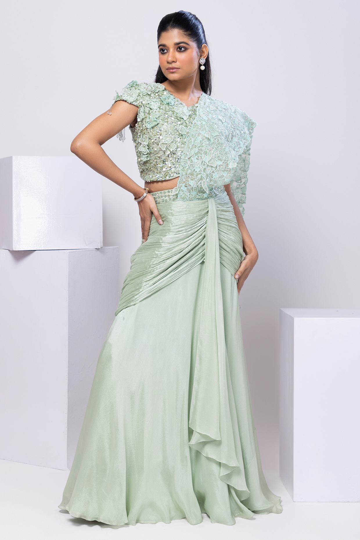 Light Green Chinon & Organza Sequins Embroidered Draped Wedding Saree Set by Smriti by Anju Agarwal at Pernia's Pop Up Shop