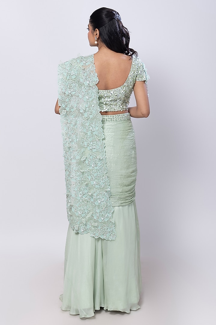 Light Green Chinon & Organza Sequins Embroidered Draped Wedding Saree Set by Smriti by Anju Agarwal at Pernia's Pop Up Shop