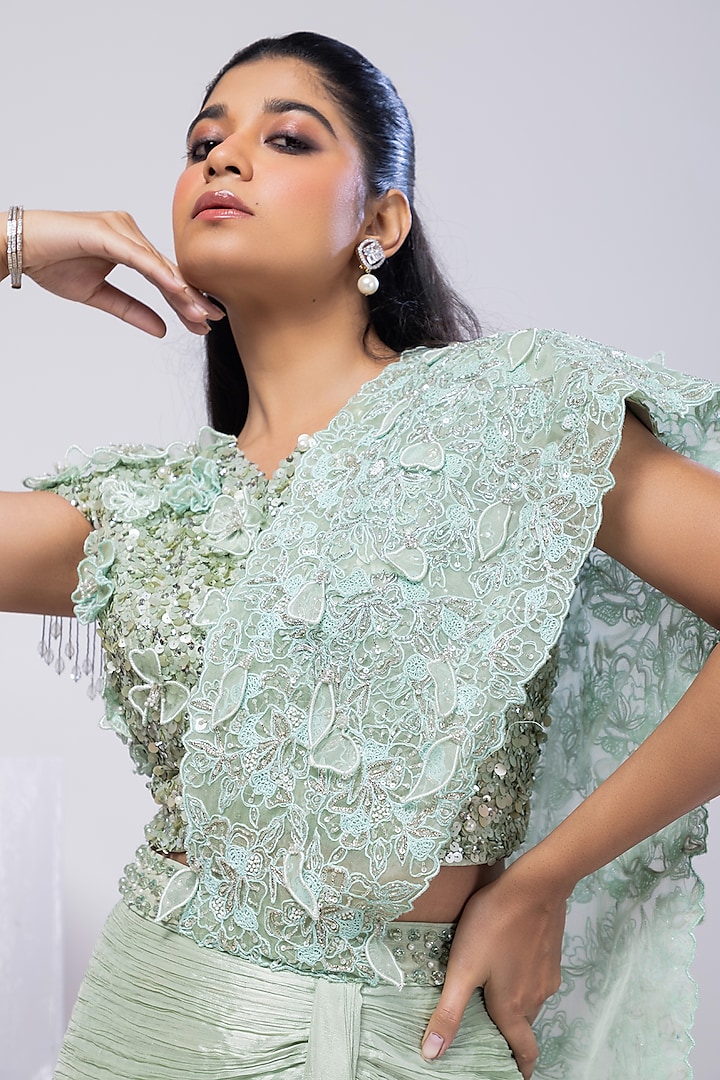 Light Green Chinon & Organza Sequins Embroidered Draped Wedding Saree Set by Smriti by Anju Agarwal at Pernia's Pop Up Shop