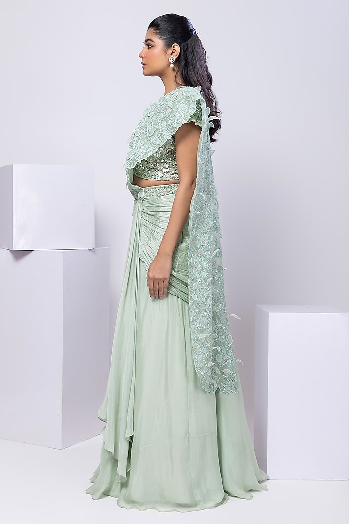 Light Green Chinon & Organza Sequins Embroidered Draped Wedding Saree Set by Smriti by Anju Agarwal at Pernia's Pop Up Shop