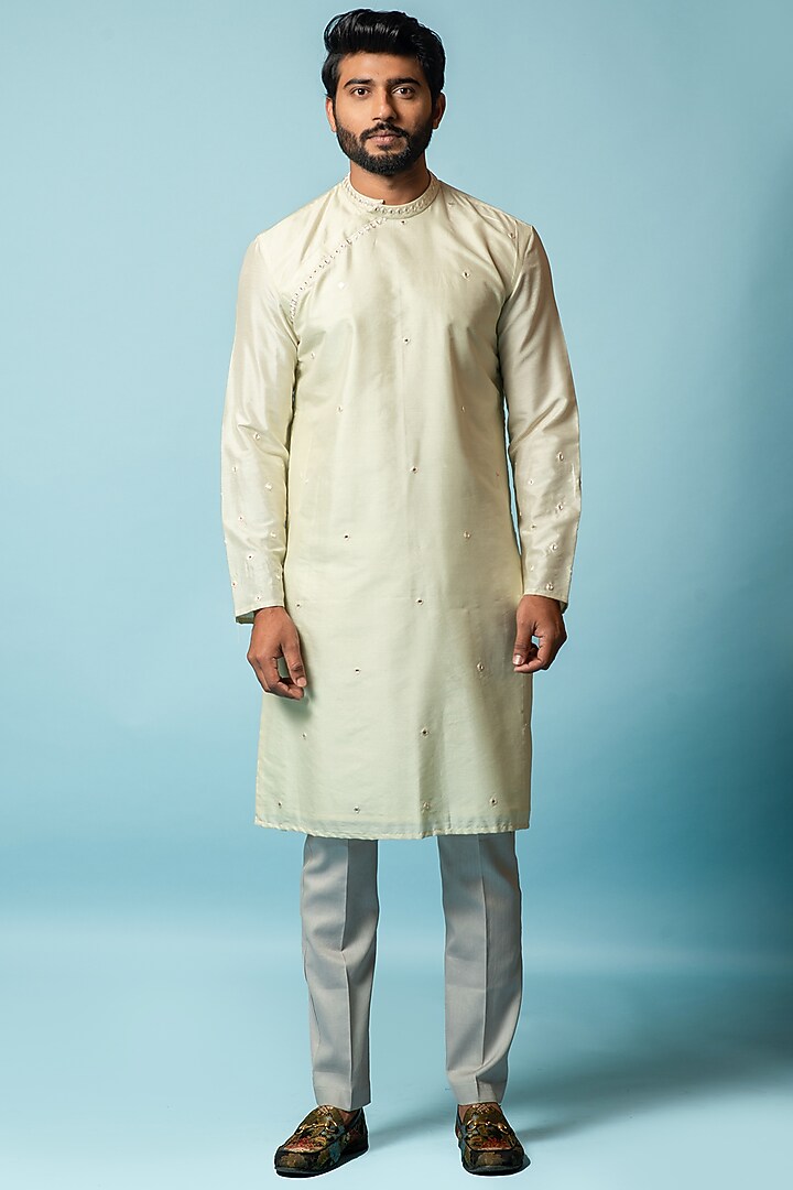 Ivory Cotton Silk Kurta Set by Smriti by Anju Agarwal Men at Pernia's Pop Up Shop
