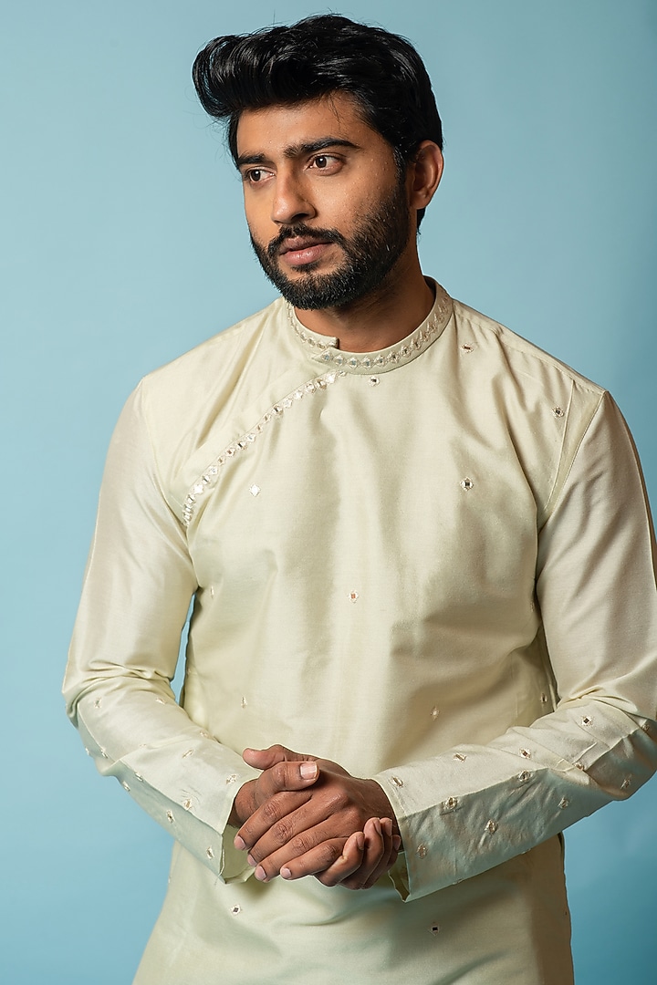 Ivory Cotton Silk Kurta Set by Smriti by Anju Agarwal Men at Pernia's Pop Up Shop