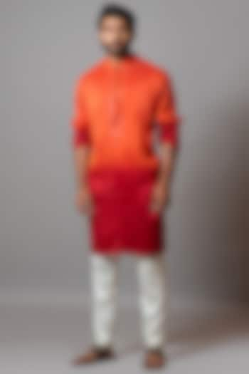 Orange & Red Cotton Silk Kurta Set by Smriti by Anju Agarwal Men