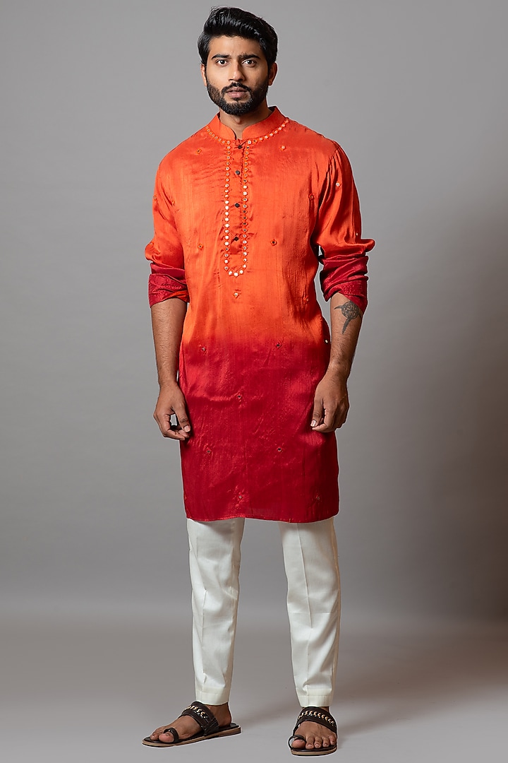 Orange & Red Cotton Silk Kurta Set by Smriti by Anju Agarwal Men