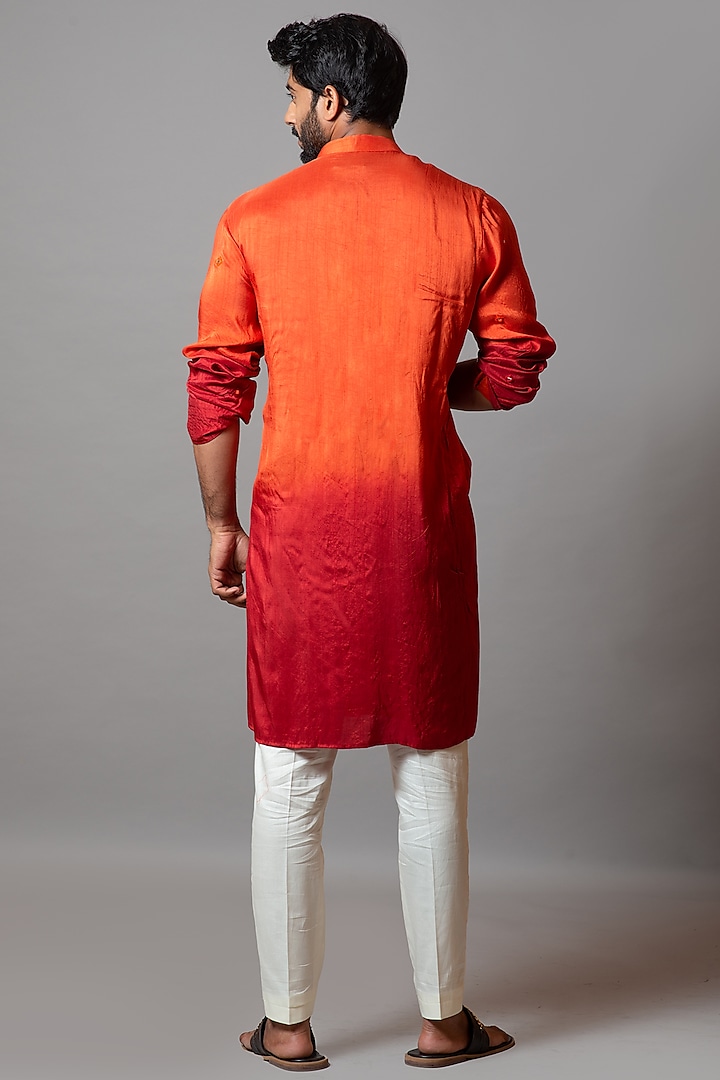 Orange & Red Ombre Cotton Silk Boota Work Kurta Set by Smriti by Anju Agarwal Men at Pernia's Pop Up Shop