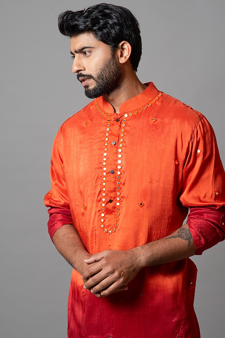 Orange & Red Ombre Cotton Silk Boota Work Kurta Set by Smriti by Anju Agarwal Men at Pernia's Pop Up Shop