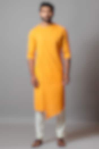 Mustard Yellow Cotton Khadi Kurta Set by Smriti by Anju Agarwal Men