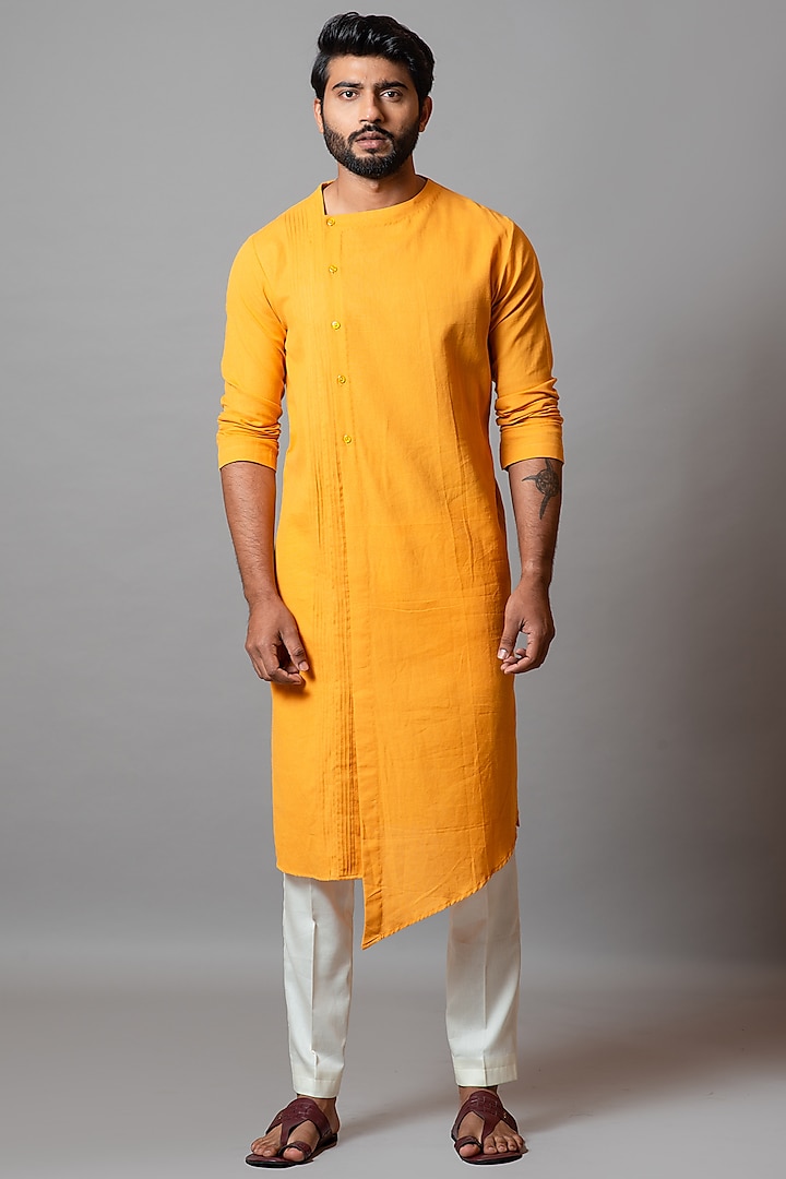 Mustard Yellow Cotton Khadi Kurta Set by Smriti by Anju Agarwal Men