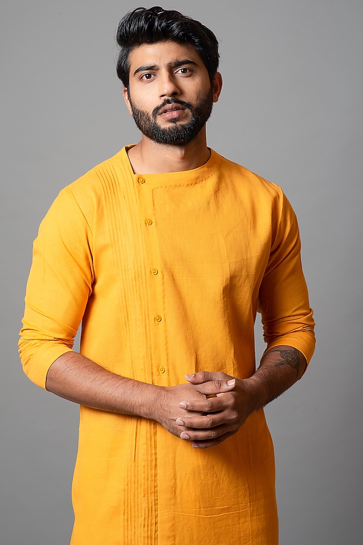 Mustard Yellow Cotton Khadi Kurta Set by Smriti by Anju Agarwal Men at Pernia's Pop Up Shop