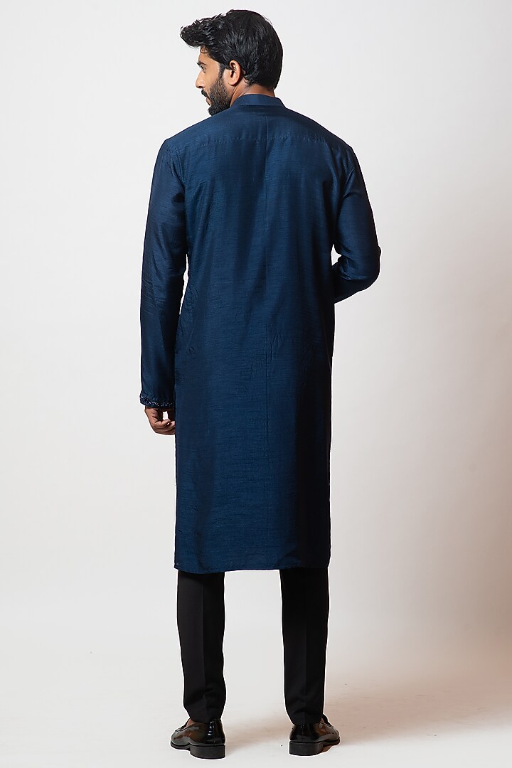 Navy Blue Bamberg Silk Cutdana Embroidered Kurta Set by Smriti by Anju Agarwal Men at Pernia's Pop Up Shop