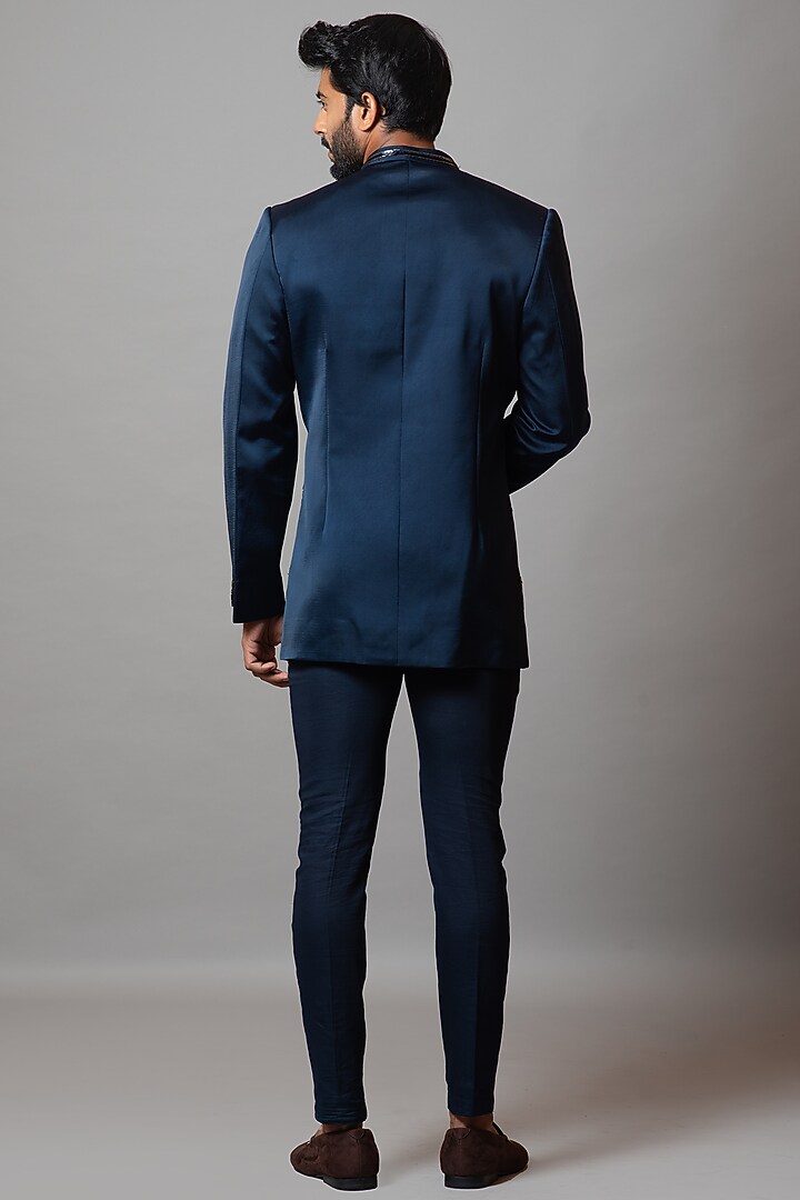 Navy Blue Suiting Fabric Wedding Bandhgala Set by Smriti by Anju Agarwal Men at Pernia's Pop Up Shop
