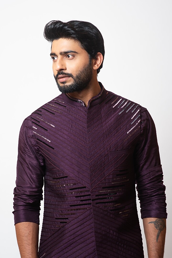 Plum Bamberg Silk Bundi Jacket by Smriti by Anju Agarwal Men at Pernia's Pop Up Shop