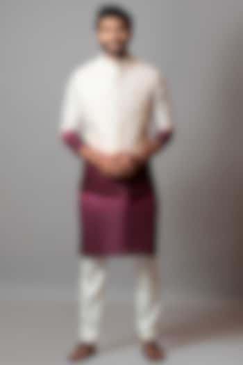 Ivory-Wine Bamberg Silk Thread Embroidered Bundi Jacket by Smriti by Anju Agarwal Men at Pernia's Pop Up Shop