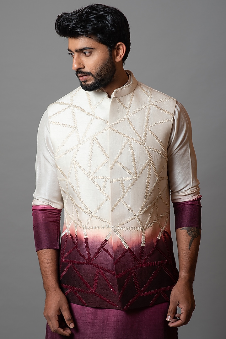Ivory-Wine Bamberg Silk Thread Embroidered Bundi Jacket by Smriti by Anju Agarwal Men at Pernia's Pop Up Shop