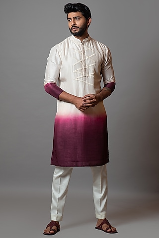 Ivory & Wine Bamberg Silk Kurta Set by Smriti by Anju Agarwal Men