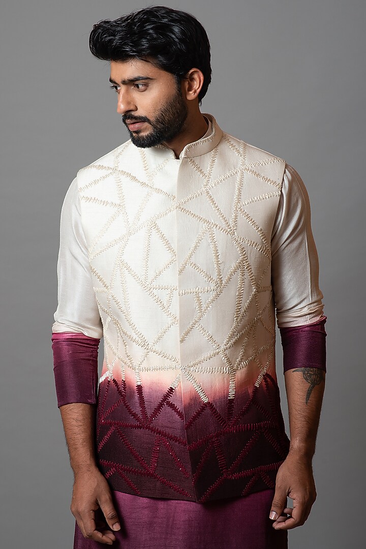 Ivory & Wine Embroidered Kurta Set With Bundi Jacket by Smriti by Anju Agarwal Men at Pernia's Pop Up Shop