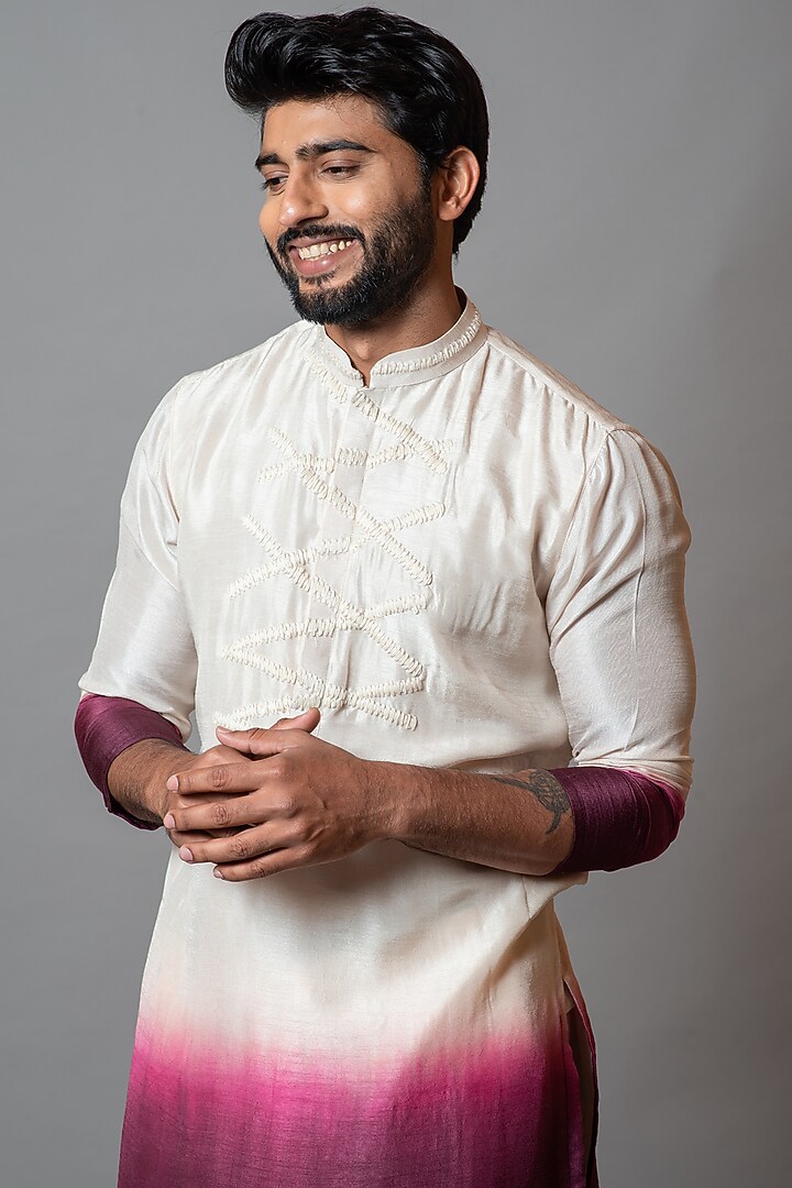Ivory & Wine Embroidered Kurta Set With Bundi Jacket by Smriti by Anju Agarwal Men at Pernia's Pop Up Shop