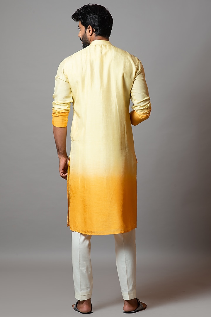 Yellow Ombre Bamberg Silk Embroidered Kurta Set by Smriti by Anju Agarwal Men at Pernia's Pop Up Shop