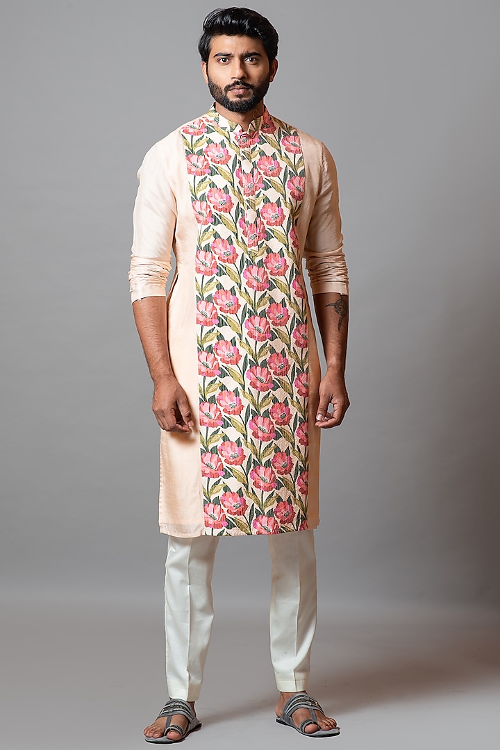 Light Peach Printed Kurta Set by Smriti by Anju Agarwal Men