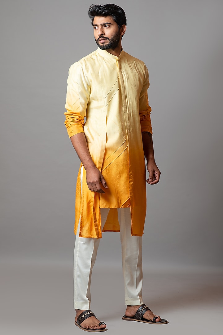 Beige & Yellow Bamberg Silk Kurta Set by Smriti by Anju Agarwal Men