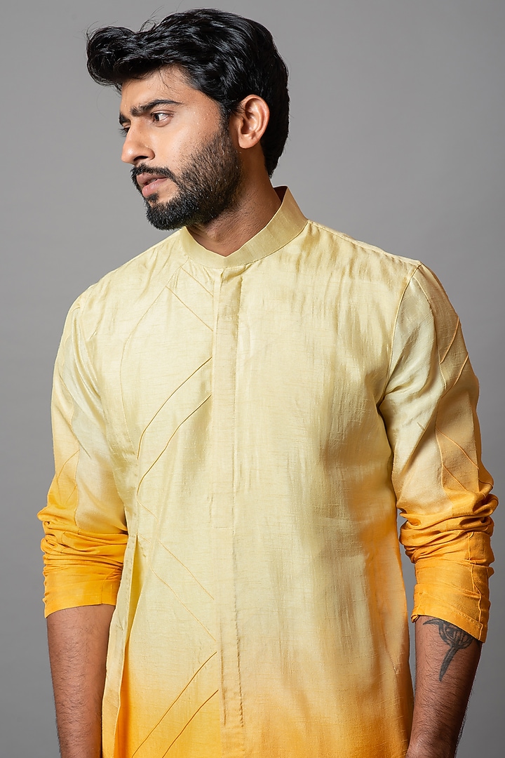 Beige & Yellow Bamberg Silk Kurta Set by Smriti by Anju Agarwal Men at Pernia's Pop Up Shop
