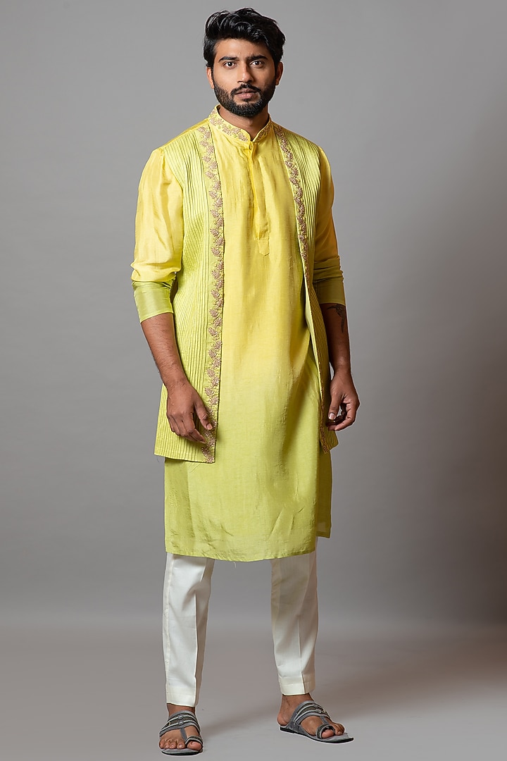 Yellow & Lime Green Ombre Bamberg Silk Embroidered Kurta by Smriti by Anju Agarwal Men at Pernia's Pop Up Shop