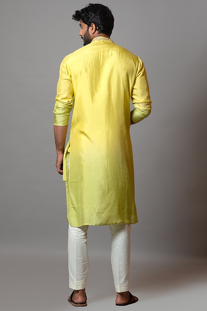 Yellow & Lime Green Ombre Bamberg Silk Embroidered Kurta by Smriti by Anju Agarwal Men at Pernia's Pop Up Shop