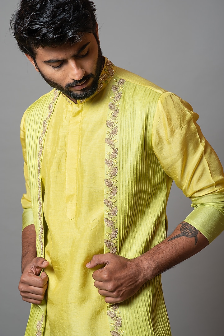 Yellow & Lime Green Ombre Bamberg Silk Embroidered Kurta by Smriti by Anju Agarwal Men at Pernia's Pop Up Shop