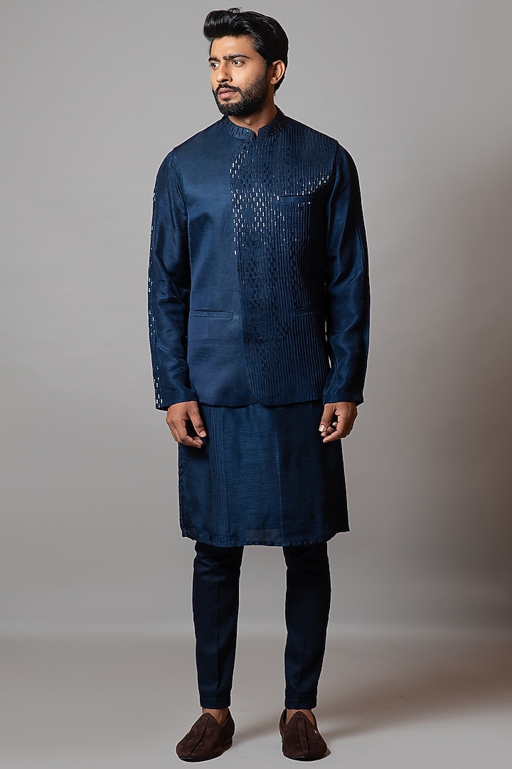 Navy Blue Linen Satin Bundi Jacket by Smriti by Anju Agarwal Men at Pernia's Pop Up Shop