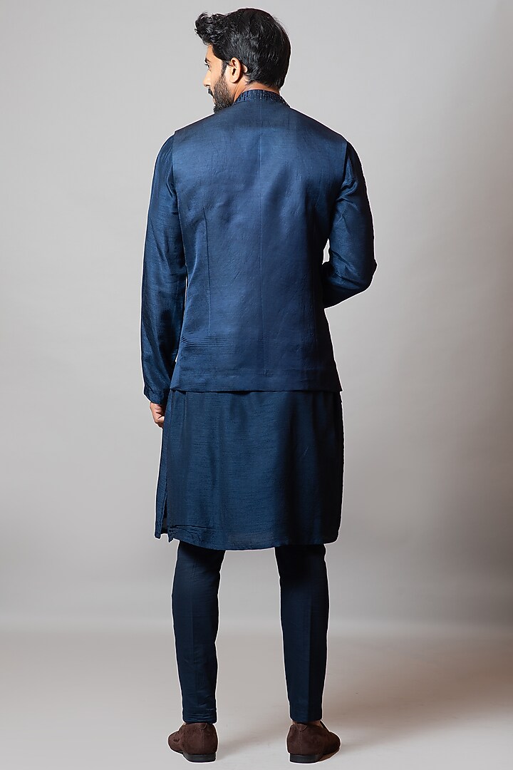 Navy Blue Linen Satin Bundi Jacket by Smriti by Anju Agarwal Men at Pernia's Pop Up Shop